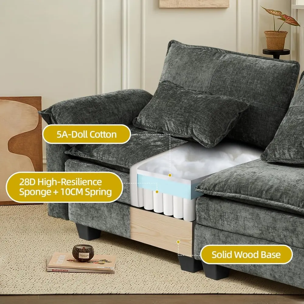 Modular Sectional Sofa for Living Room, Cloud Couch Sectional with USB, Movable Ottoman, 3-Layer, Modern Chenille Fabric, 22.8in