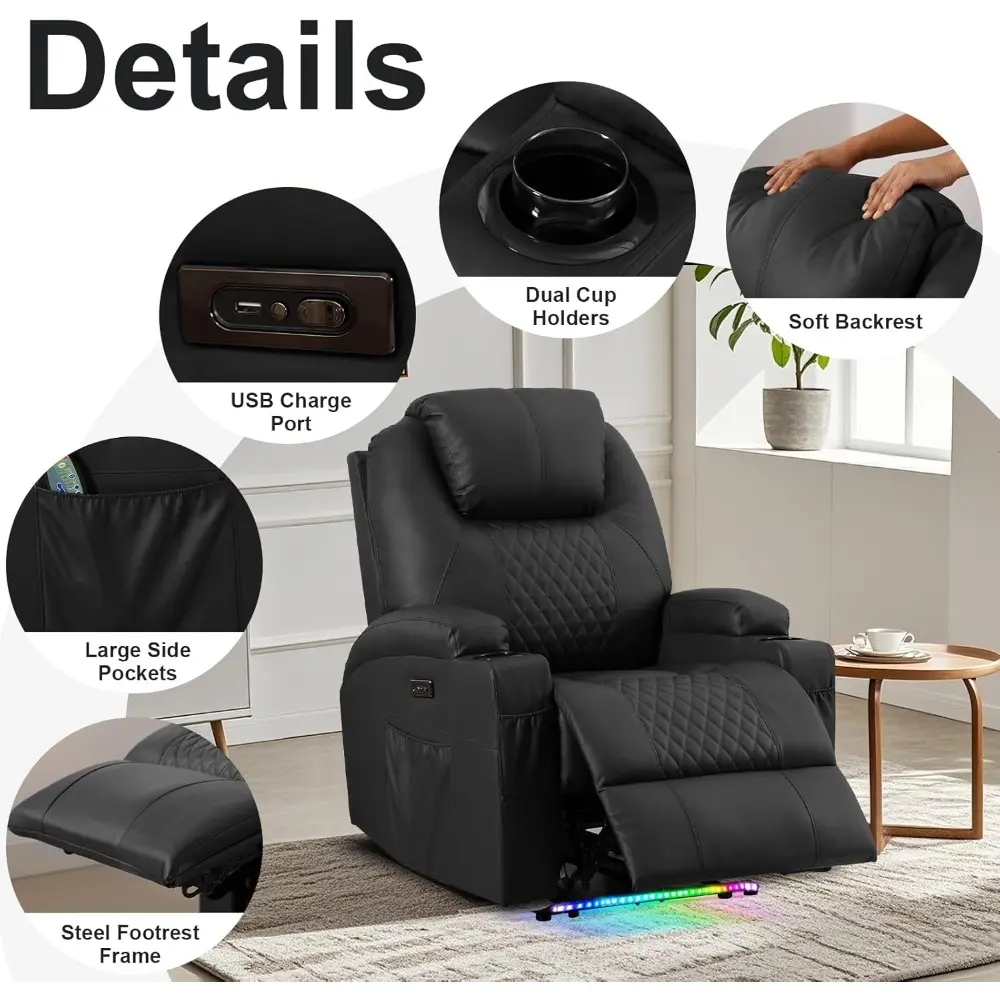 Adults' Faux Leather Power Recliner with Vibration Massage and Heat, Home Theater Seating with Cup Holders and LED Lights