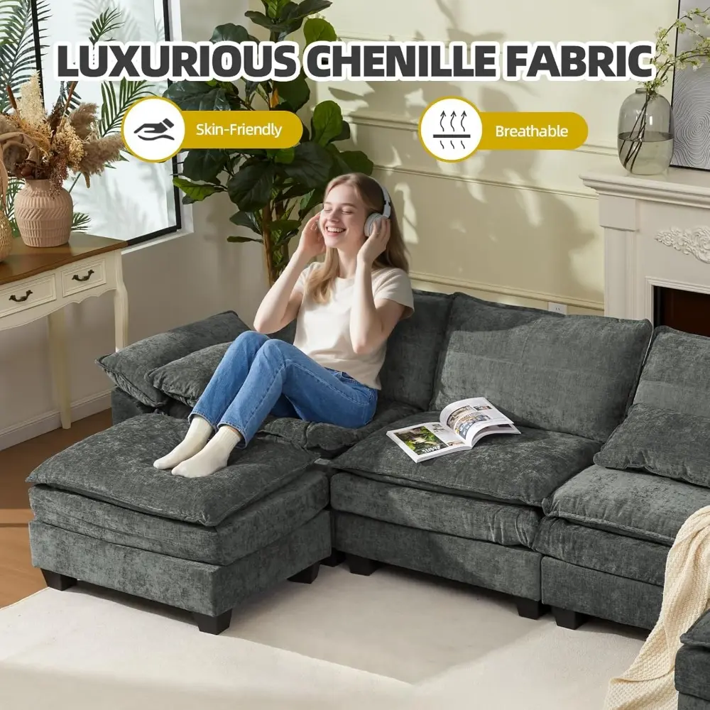 Modular Sectional Sofa for Living Room, Cloud Couch Sectional with USB, Movable Ottoman, 3-Layer, Modern Chenille Fabric, 22.8in