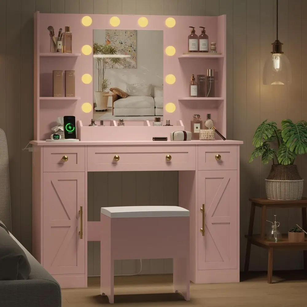 Vanity Makeup Desk with Mirror and Lights, Farmhouse Vanity Table Set with Storage Drawers, Charging Station & Chair, 43" Large