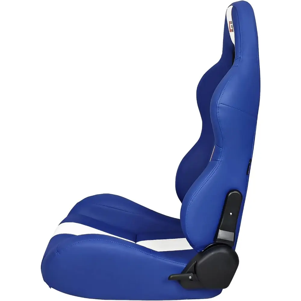 , Universal Racing Seats with Dual Sliders, Blue PU Leather White Stripe Reclinable Left Driver Side