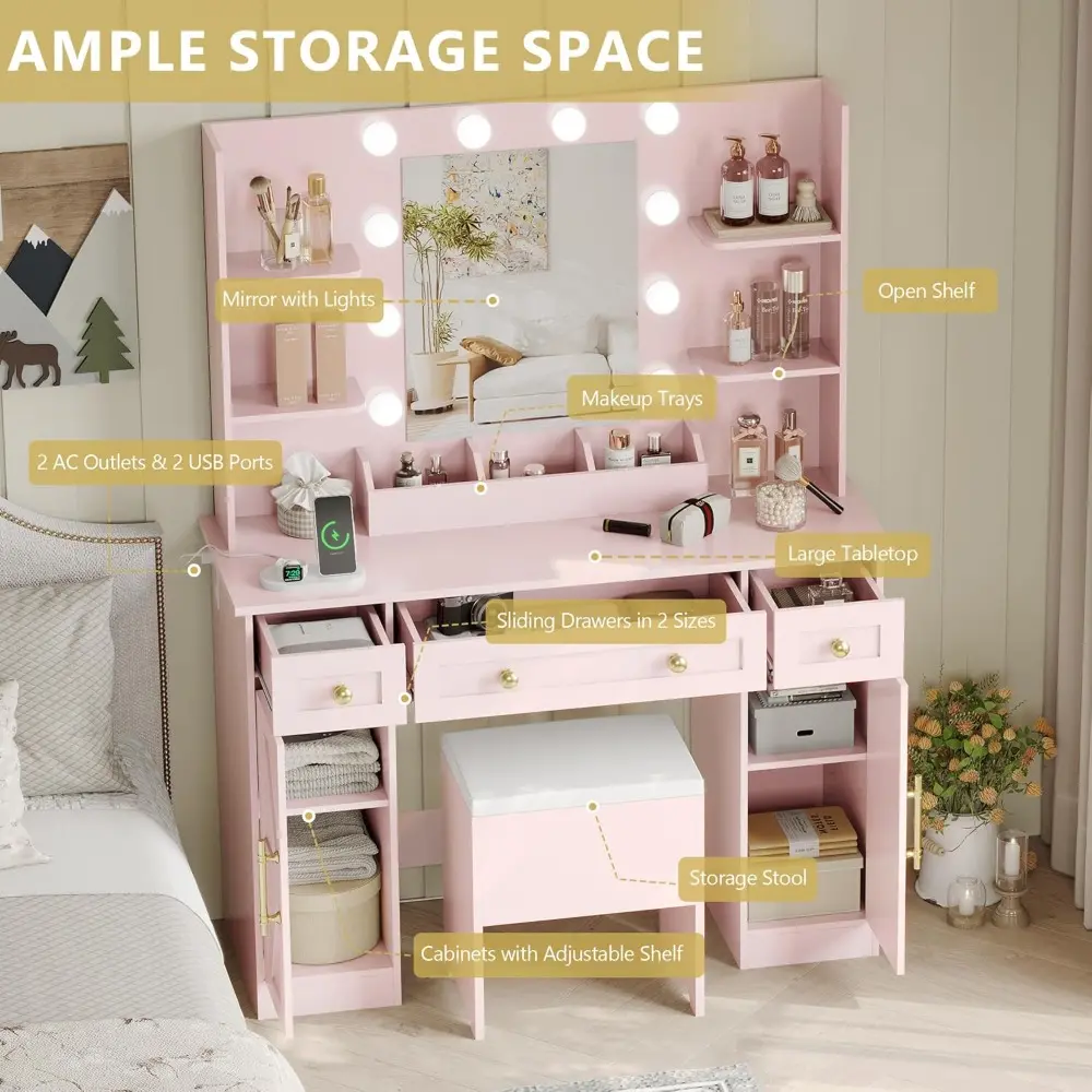Vanity Makeup Desk with Mirror and Lights, Farmhouse Vanity Table Set with Storage Drawers, Charging Station & Chair, 43" Large