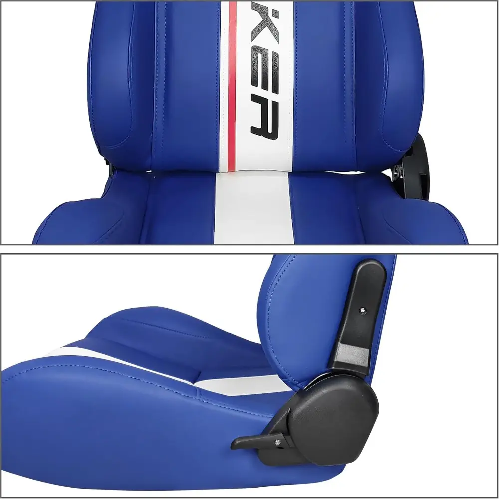 , Universal Racing Seats with Dual Sliders, Blue PU Leather White Stripe Reclinable Left Driver Side