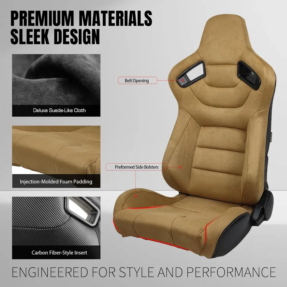 , Universal Racing Seats with Dual Sliders, Brown Suede & Carbon Leather W/Black Harness Pass-through Reclinable Sport Bucket Se