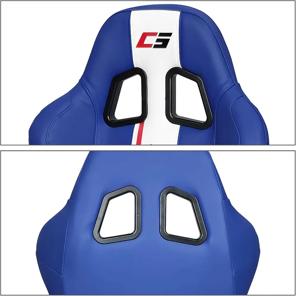 , Universal Racing Seats with Dual Sliders, Blue PU Leather White Stripe Reclinable Left Driver Side
