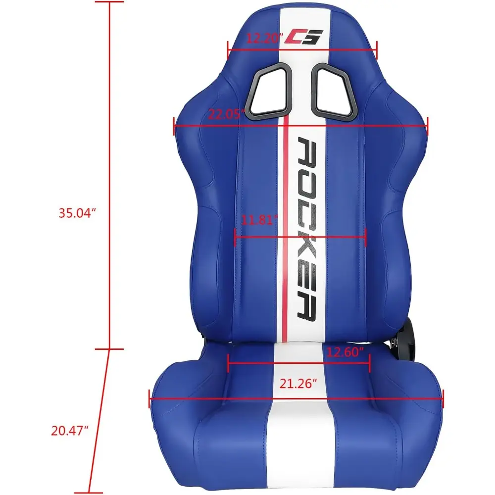 , Universal Racing Seats with Dual Sliders, Blue PU Leather White Stripe Reclinable Left Driver Side