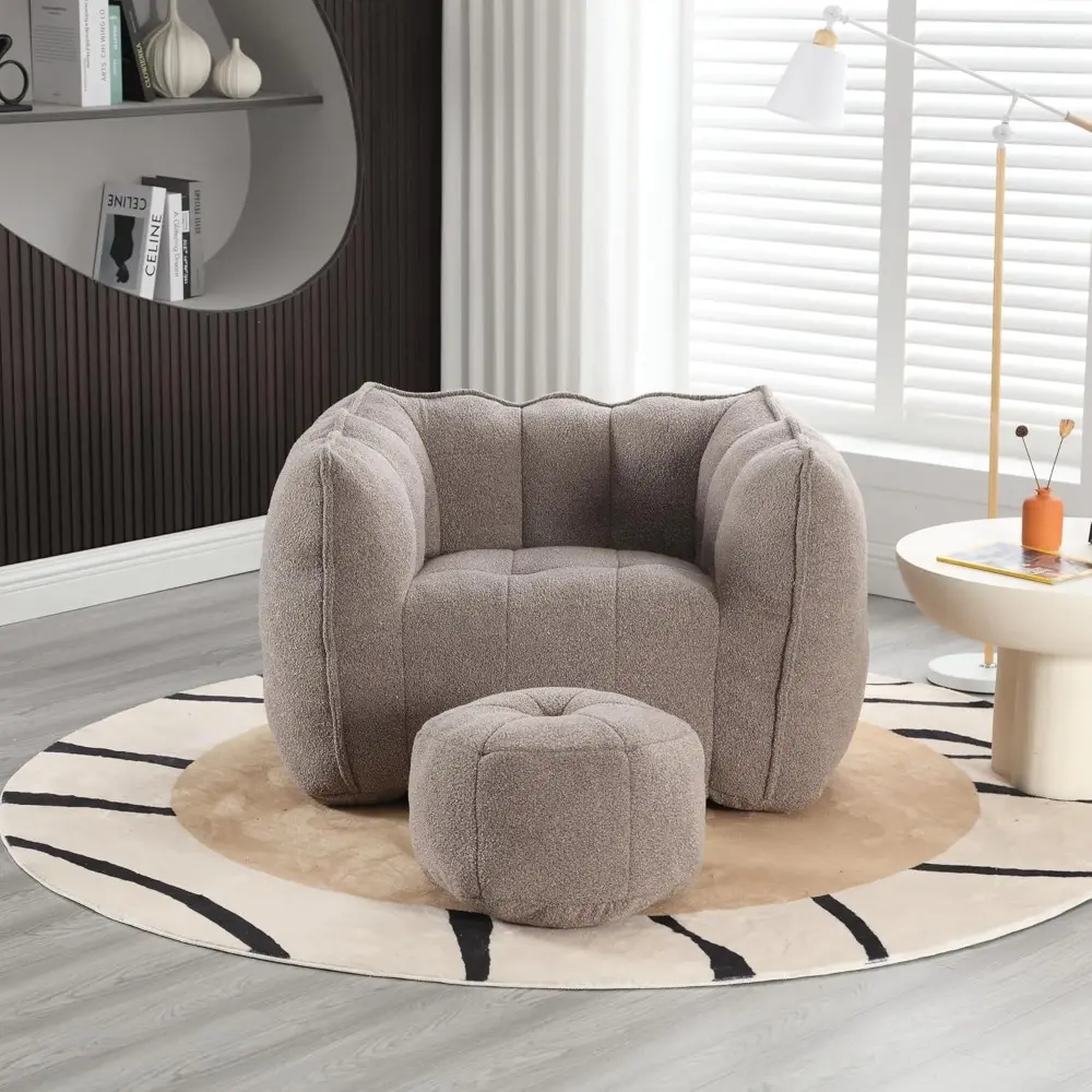 Bean Bag Chair with Ottoman, Armrest Bean Bag Couch with Memory Foam, Ultra Soft Chenille Bean Bag Chair with Footrest, Modern L