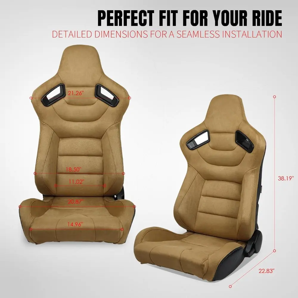 , Universal Racing Seats with Dual Sliders, Brown Suede & Carbon Leather W/Black Harness Pass-through Reclinable Sport Bucket Se