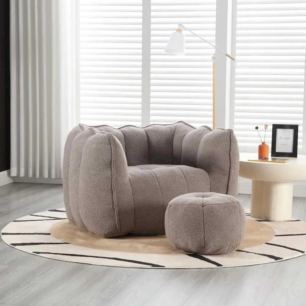 Bean Bag Chair with Ottoman, Armrest Bean Bag Couch with Memory Foam, Ultra Soft Chenille Bean Bag Chair with Footrest, Modern L