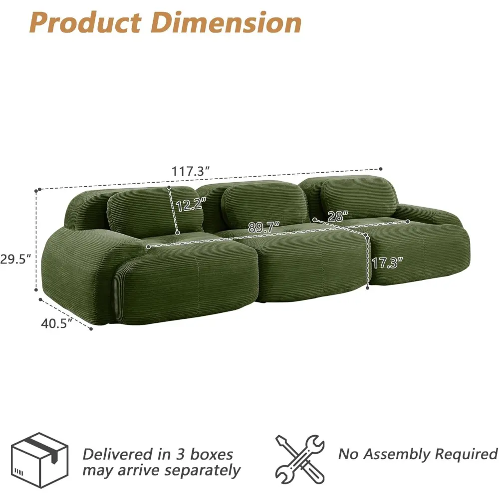 Modular Sectional Sofa Boneless Couch, 117” Oversized Corduroy Sofa Upholstered Comfy 3-Seater Couches with Deep Seat for Livin