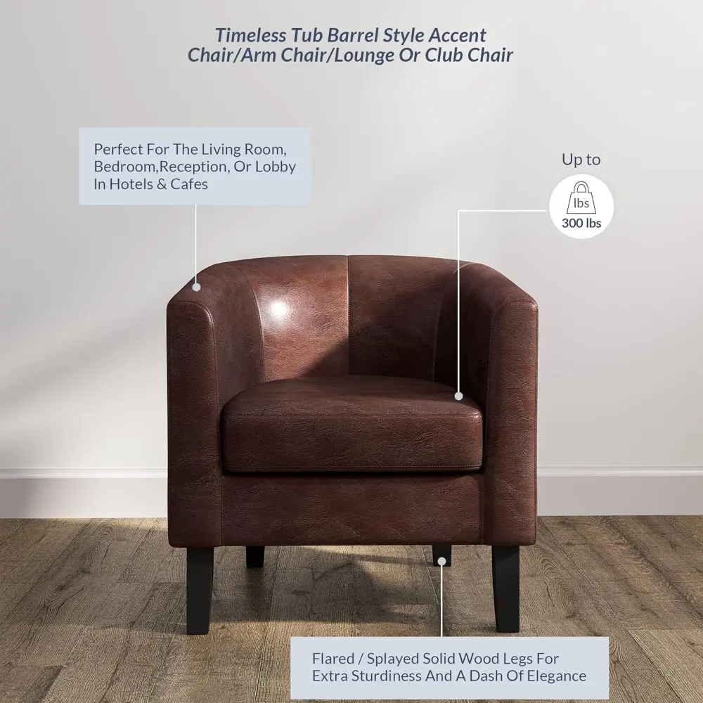 Living Room Chair, Faux Leather Round Accent Barrel Chair, Club Tub Sofa Chair for Bedroom, Corner Chair with Flared Legs and C