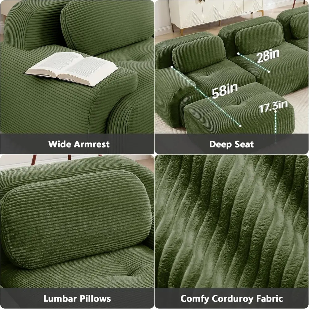 Modular Sectional Sofa Boneless Couch, 117” Oversized Corduroy Sofa Upholstered Comfy 3-Seater Couches with Deep Seat for Livin