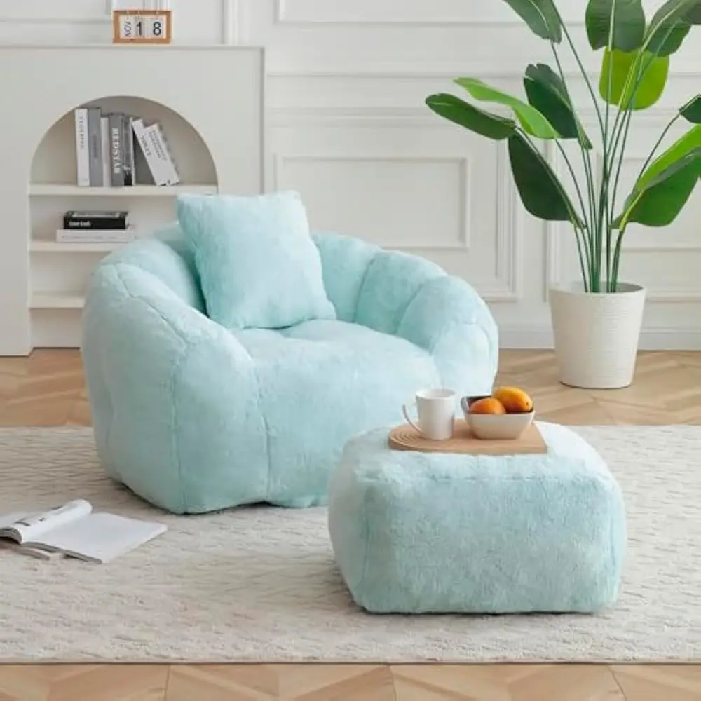 Giant Bean Bag Chair withFootstool, Oversized Bean Bag, Faux Fur Shell-Shaped Large Chair with Filler, Stuffed Big Accent Sofa,