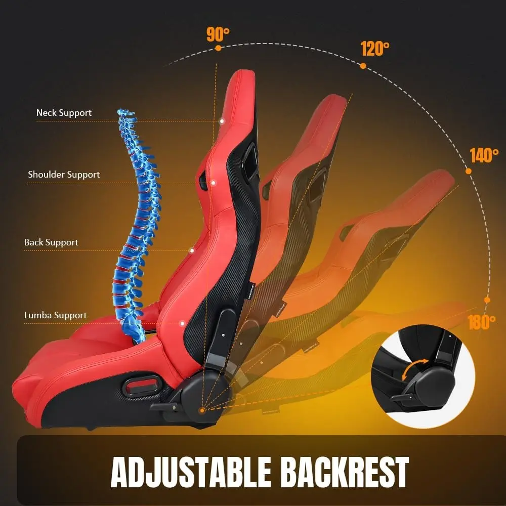 Universal Racing Seat, Adjustable Reclining Bucket Seat with Slider, PU & Carbon Leather Thigh Support Sport Seat for Driver Sid