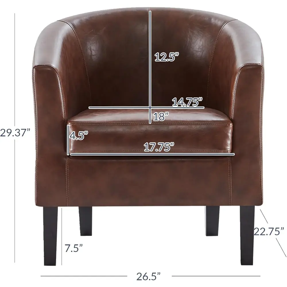 Living Room Chair, Faux Leather Round Accent Barrel Chair, Club Tub Sofa Chair for Bedroom, Corner Chair with Flared Legs and C