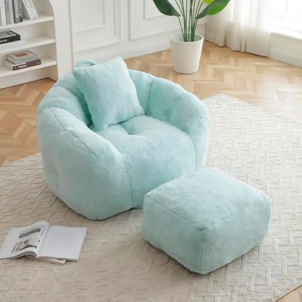 Giant Bean Bag Chair withFootstool, Oversized Bean Bag, Faux Fur Shell-Shaped Large Chair with Filler, Stuffed Big Accent Sofa,