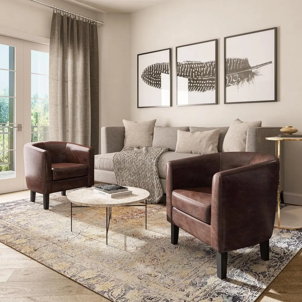 Living Room Chair, Faux Leather Round Accent Barrel Chair, Club Tub Sofa Chair for Bedroom, Corner Chair with Flared Legs and C