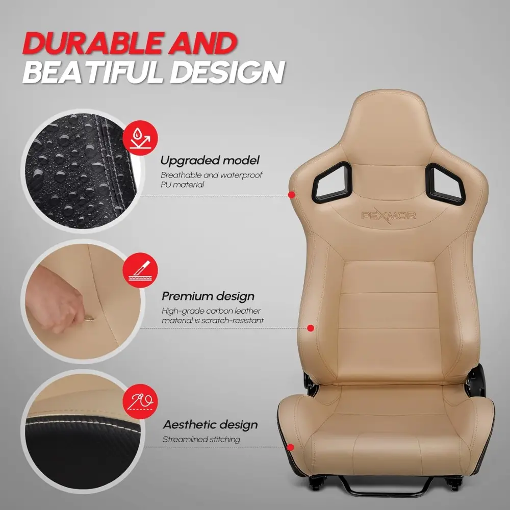 2 Pcs Reclinable Universal Racing Bucket Seats w/Dual Slider, PU & Carbon Leather Adjustable Race Seats for Cars, Driver and Pa