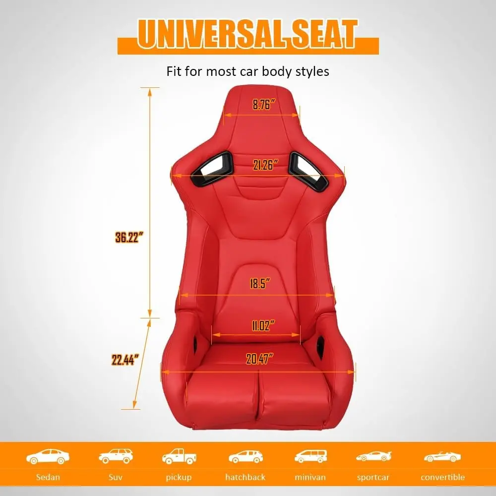 Universal Racing Seat, Adjustable Reclining Bucket Seat with Slider, PU & Carbon Leather Thigh Support Sport Seat for Driver Sid