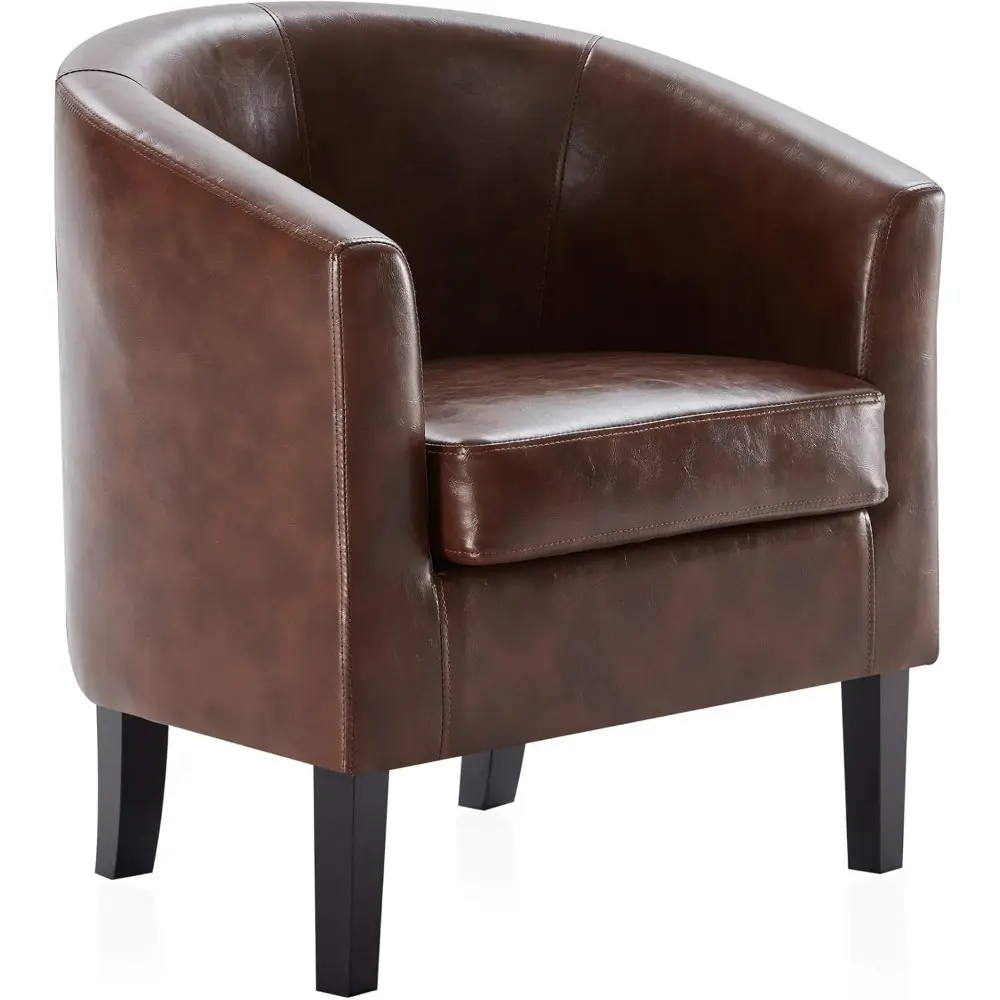 Living Room Chair, Faux Leather Round Accent Barrel Chair, Club Tub Sofa Chair for Bedroom, Corner Chair with Flared Legs and C