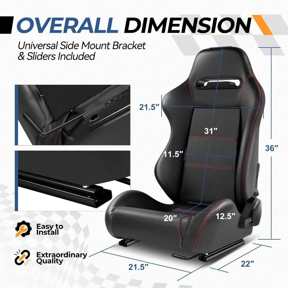 Pair of Racing Seats Universal Reclinable Bucket Seats with Side Mount Sliders and Bracket, 36 (H) x 21.5 (W) x 22 (D) Inches,