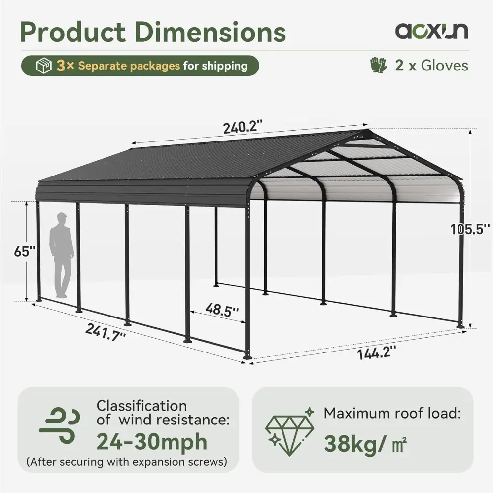12x20 FT Metal Carport, Heavy Duty Carport Canopy with Galvanized Steel Roof & Frame, 12'W x 20'D x 8.8'H Metal Garage Building