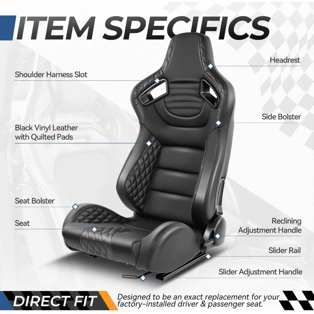 Pair of Racing Seats Universal Vinyl Leather Reclinable Bucket Seats with Bottom Mount Sliders, 38 (H) x 21 (W) x 22 (D) Inches