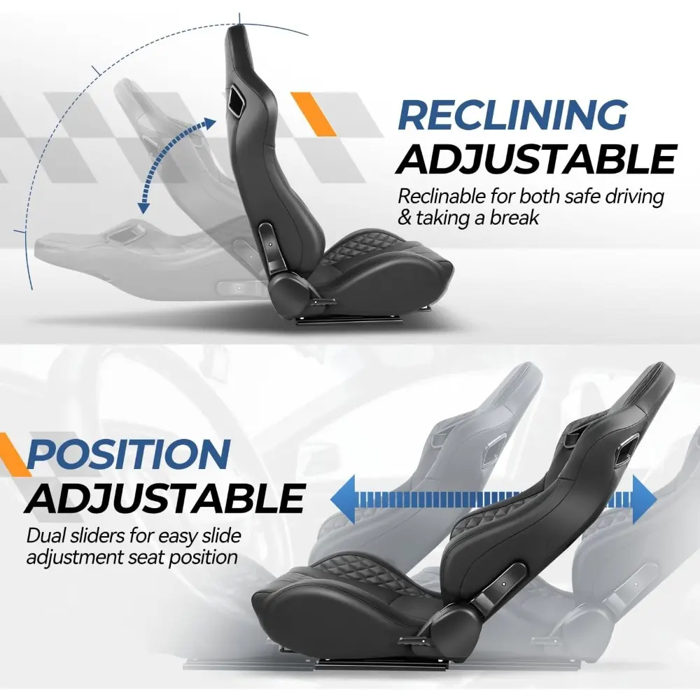 Pair of Racing Seats Universal Vinyl Leather Reclinable Bucket Seats with Bottom Mount Sliders, 38 (H) x 21 (W) x 22 (D) Inches