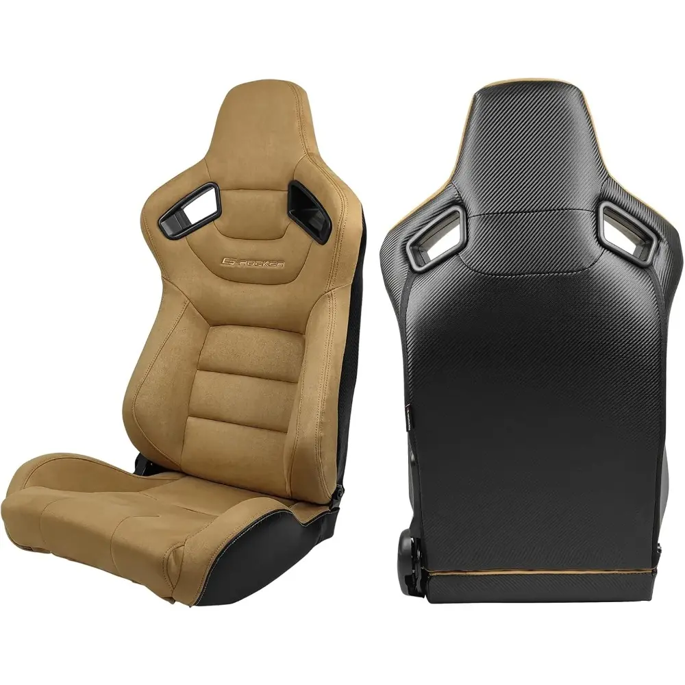 , Universal Racing Seats Pair with Dual Sliders, Brown Suede Reclinable Left Driver Side + Right Passenger Side