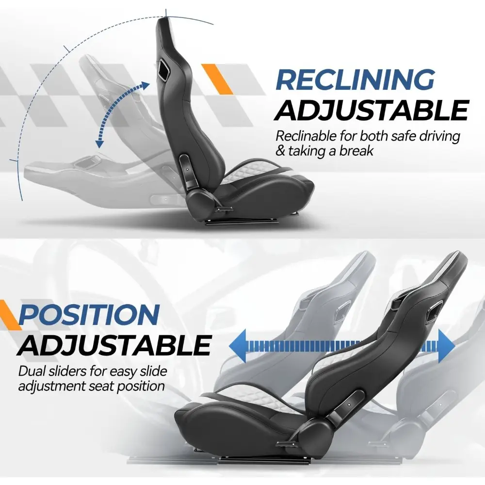 Pair of Racing Seats Universal Vinyl Leather Reclinable Bucket Seats with Bottom Mount Sliders, 38 (H) x 21 (W) x 22 (D) Inches