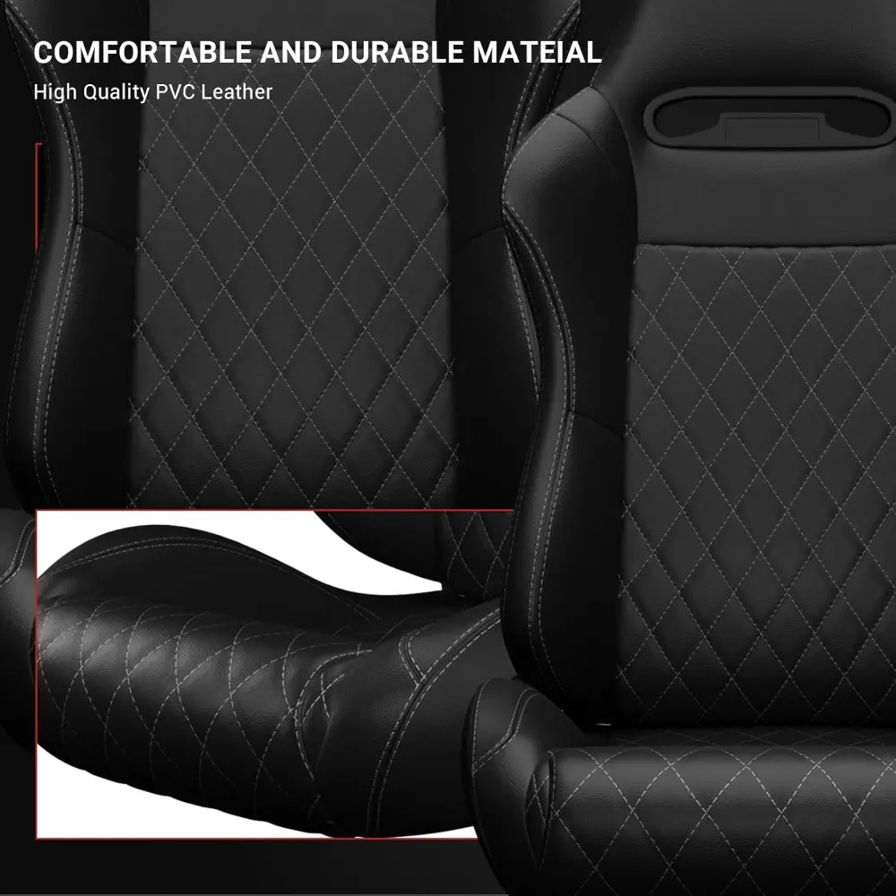 Pair of Universal Racing Seats, PVC Leather, Racing Bucket Seats with Dual Sliders, Reclinable for Driver and Passenger Side (VR