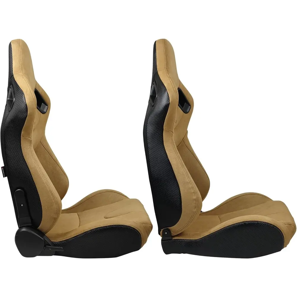 , Universal Racing Seats Pair with Dual Sliders, Brown Suede Reclinable Left Driver Side + Right Passenger Side