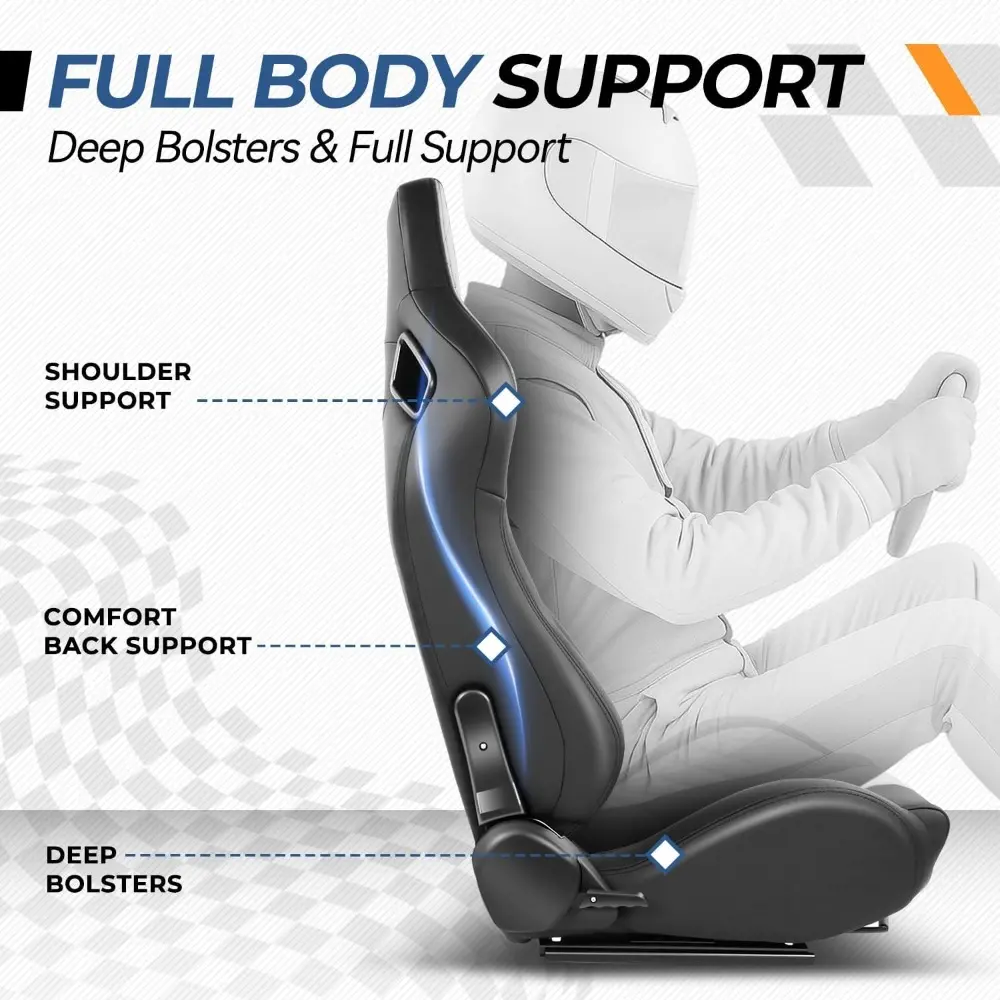 Pair of Racing Seats Universal Vinyl Leather Reclinable Bucket Seats with Bottom Mount Sliders, 38 (H) x 21 (W) x 22 (D) Inches