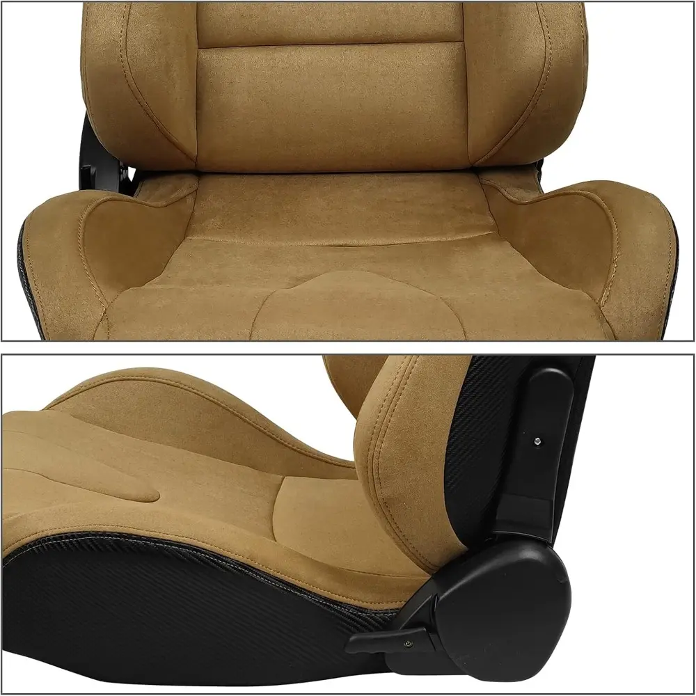 , Universal Racing Seats Pair with Dual Sliders, Brown Suede Reclinable Left Driver Side + Right Passenger Side