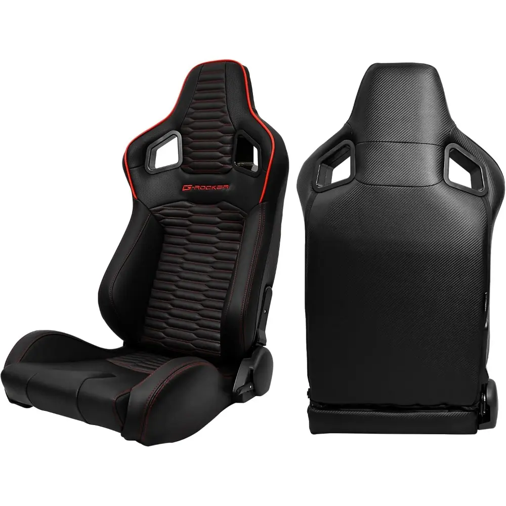 Universal Racing Seats with Dual Sliders, Reclinable Black PU Leather With Red Strip Carbon Leather back Sport Bucket Seats, 1