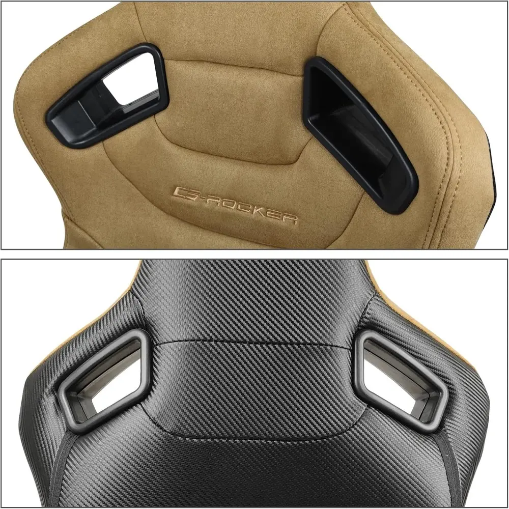 , Universal Racing Seats Pair with Dual Sliders, Brown Suede Reclinable Left Driver Side + Right Passenger Side