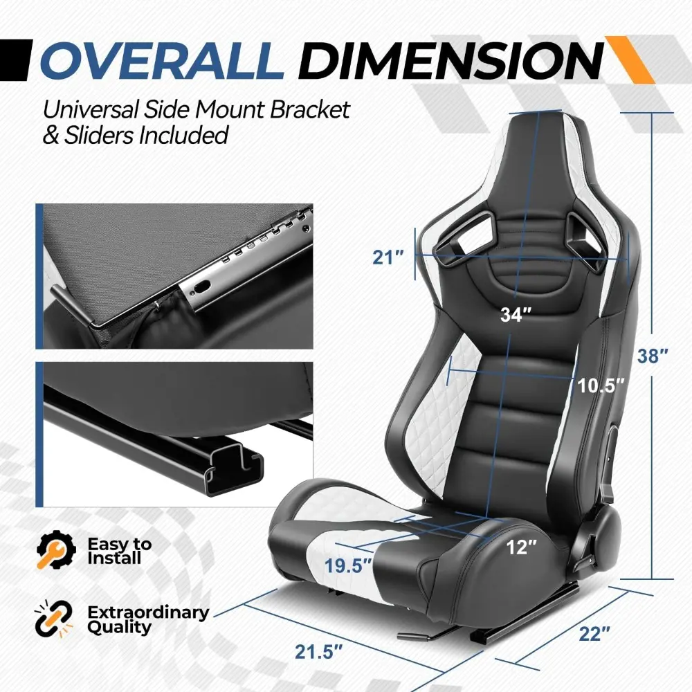 Pair of Racing Seats Universal Vinyl Leather Reclinable Bucket Seats with Bottom Mount Sliders, 38 (H) x 21 (W) x 22 (D) Inches