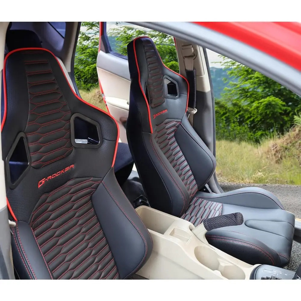 Universal Racing Seats with Dual Sliders, Reclinable Black PU Leather With Red Strip Carbon Leather back Sport Bucket Seats, 1