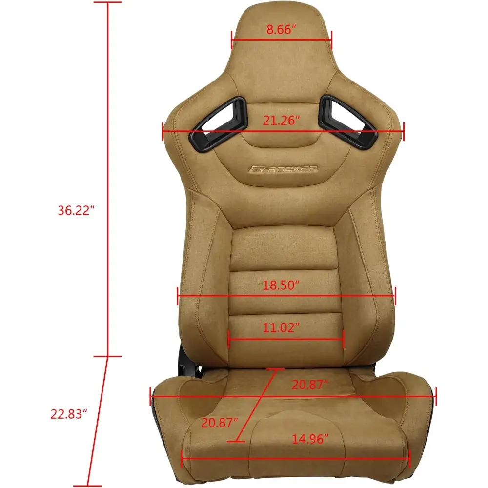 , Universal Racing Seats Pair with Dual Sliders, Brown Suede Reclinable Left Driver Side + Right Passenger Side
