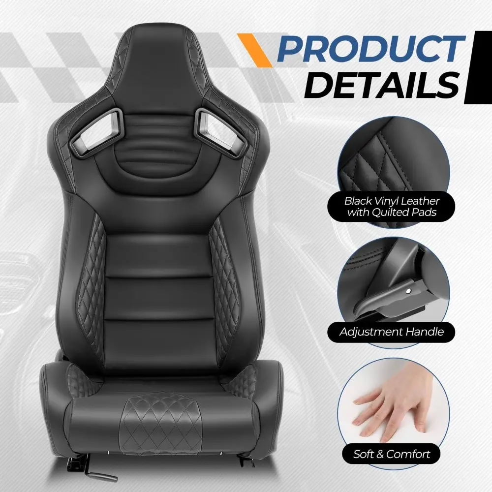Pair of Racing Seats Universal Vinyl Leather Reclinable Bucket Seats with Bottom Mount Sliders, 38 (H) x 21 (W) x 22 (D) Inches