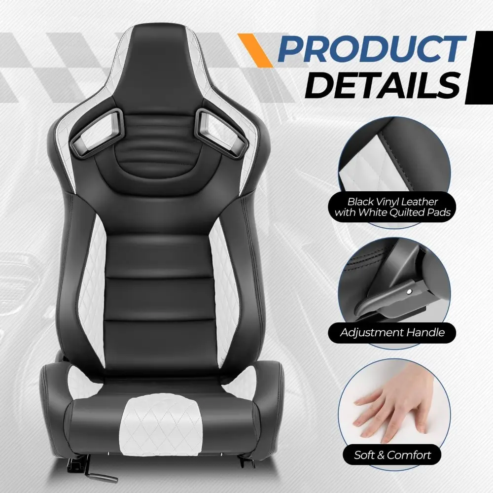 Pair of Racing Seats Universal Vinyl Leather Reclinable Bucket Seats with Bottom Mount Sliders, 38 (H) x 21 (W) x 22 (D) Inches