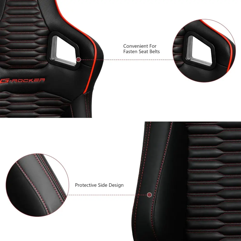 Universal Racing Seats with Dual Sliders, Reclinable Black PU Leather With Red Strip Carbon Leather back Sport Bucket Seats, 1