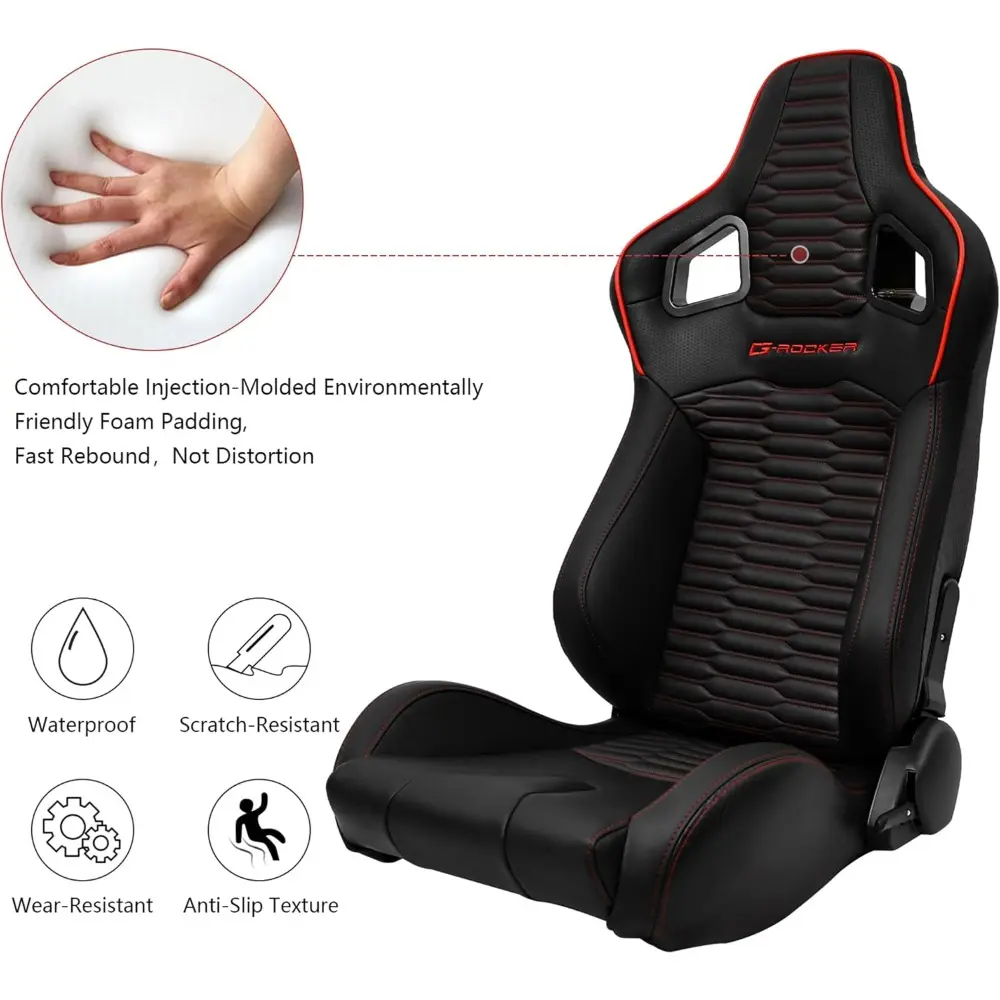 Universal Racing Seats with Dual Sliders, Reclinable Black PU Leather With Red Strip Carbon Leather back Sport Bucket Seats, 1