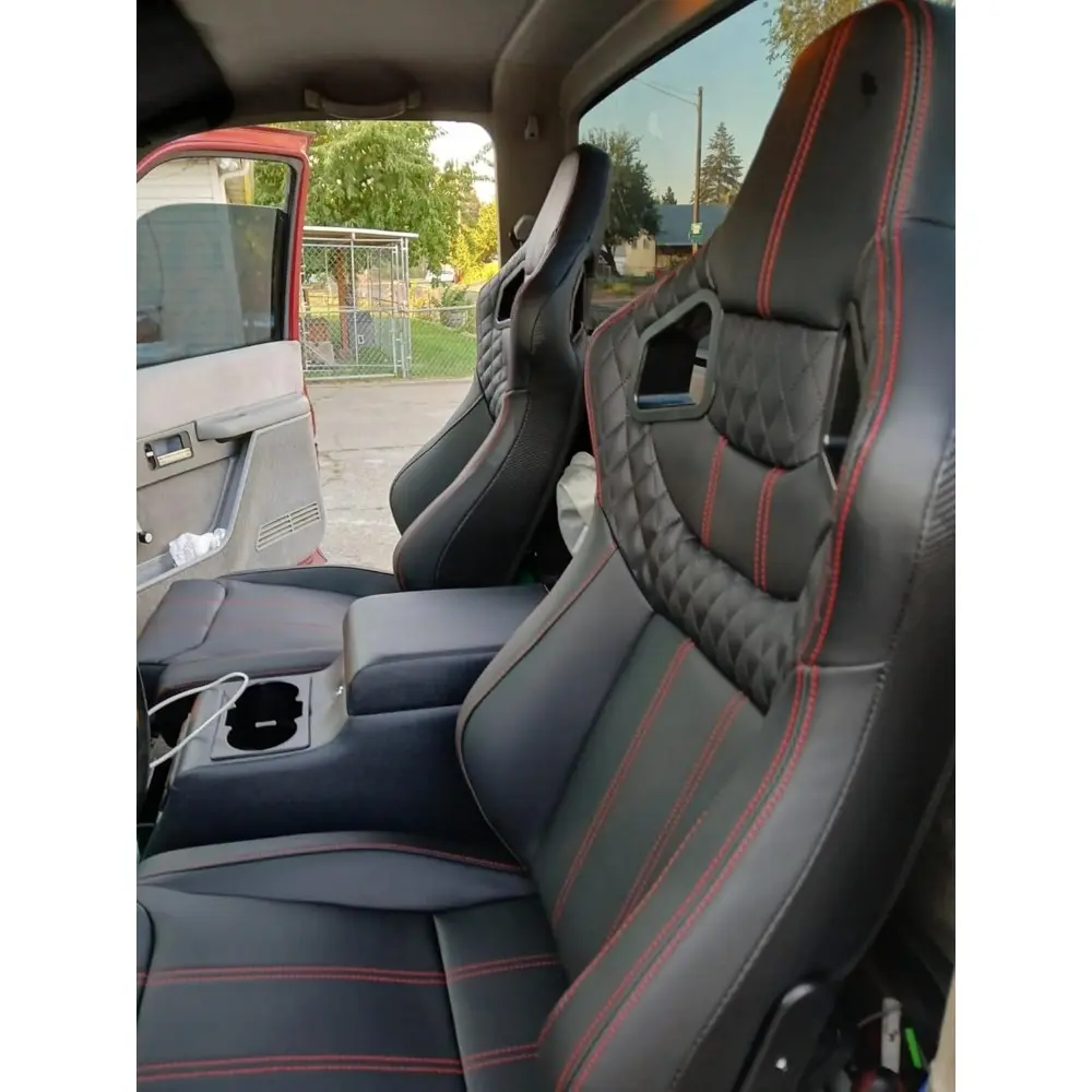 Pair Universal Racing Bucket Seats,Black PVC Leather Red Diamond Stitch Reclinable With Double Slider Low Bottom(Not Including S