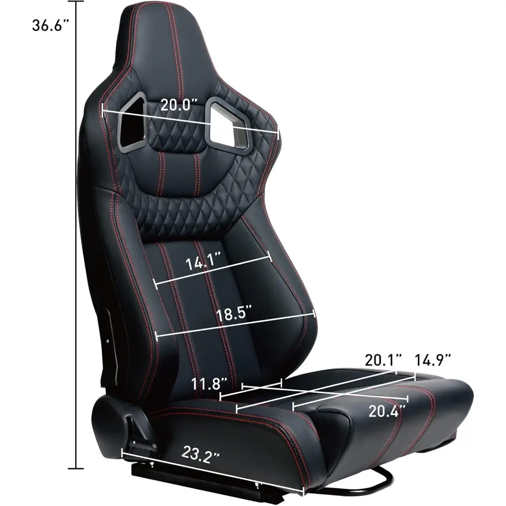 Pair Universal Racing Bucket Seats,Black PVC Leather Red Diamond Stitch Reclinable With Double Slider Low Bottom(Not Including S