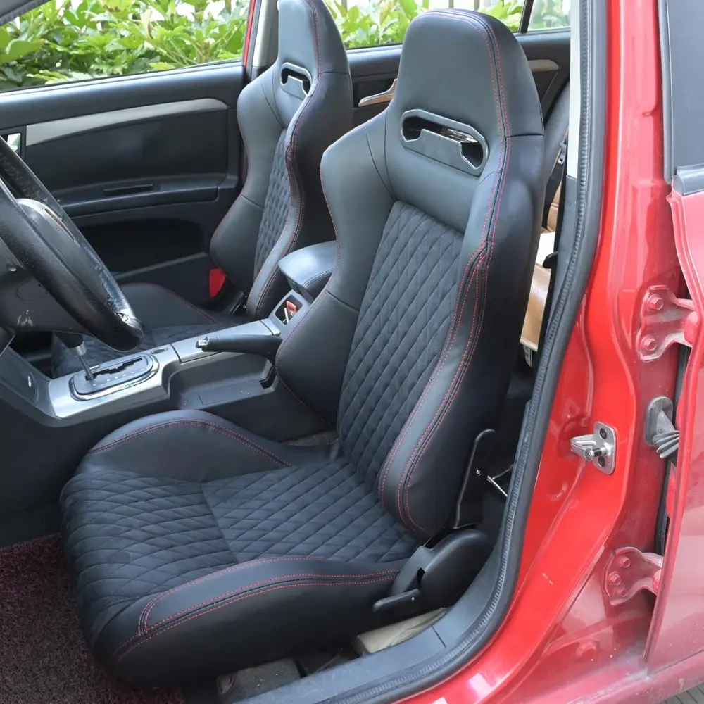 Universal 2 PCS Racing Bucket Seats For Cars Black Suede Center Red Diamond Stitch Sport Reclinable With Double Sliders Automoti