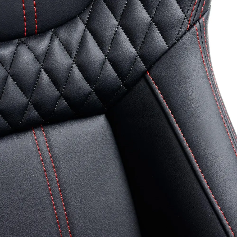 Pair Universal Racing Bucket Seats,Black PVC Leather Red Diamond Stitch Reclinable With Double Slider Low Bottom(Not Including S