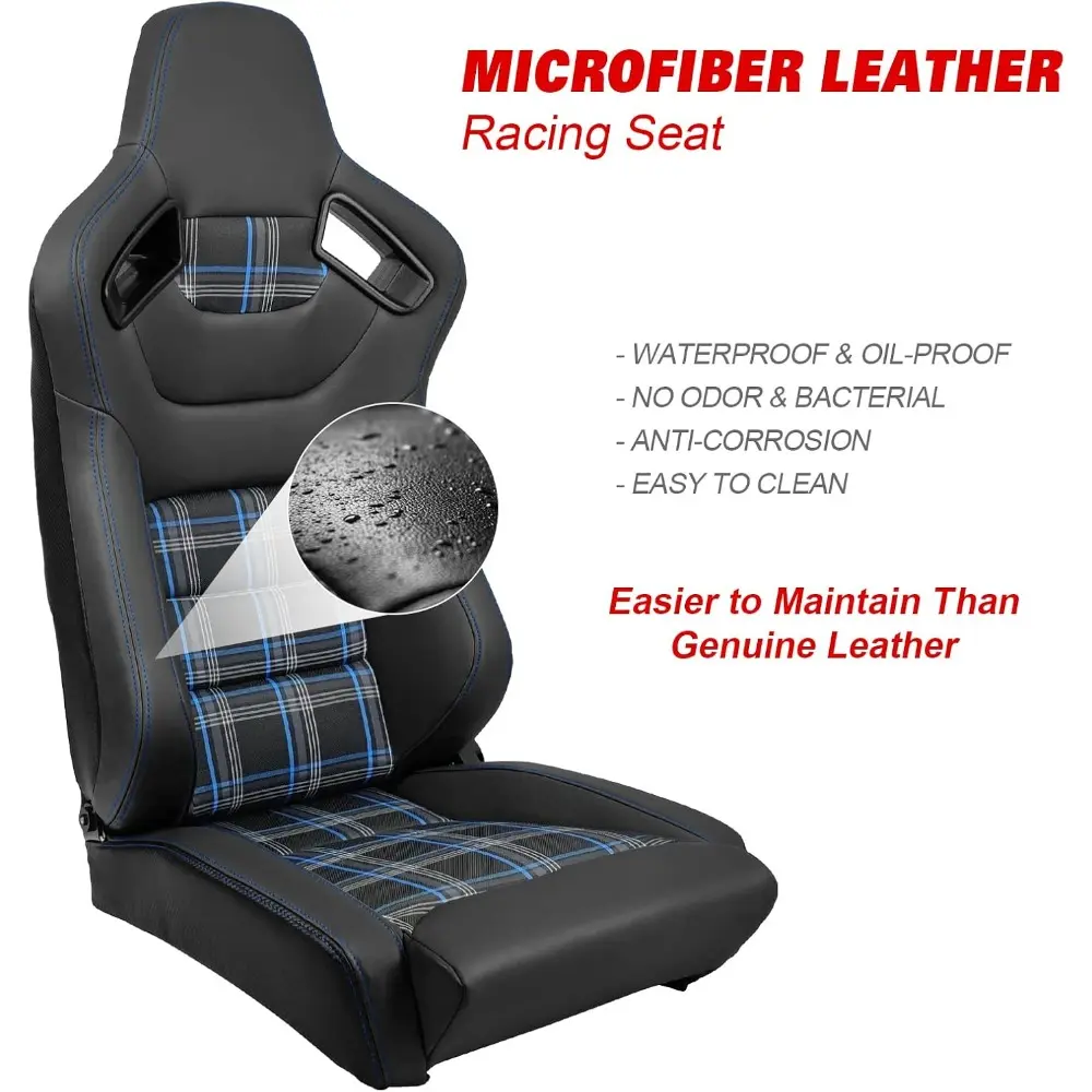 , Upgrade Universal Microfiber PU Leather + Carbon Leather Racing Seats, with Dual Sliders, Reclinable Black with Blue Plaid Spo