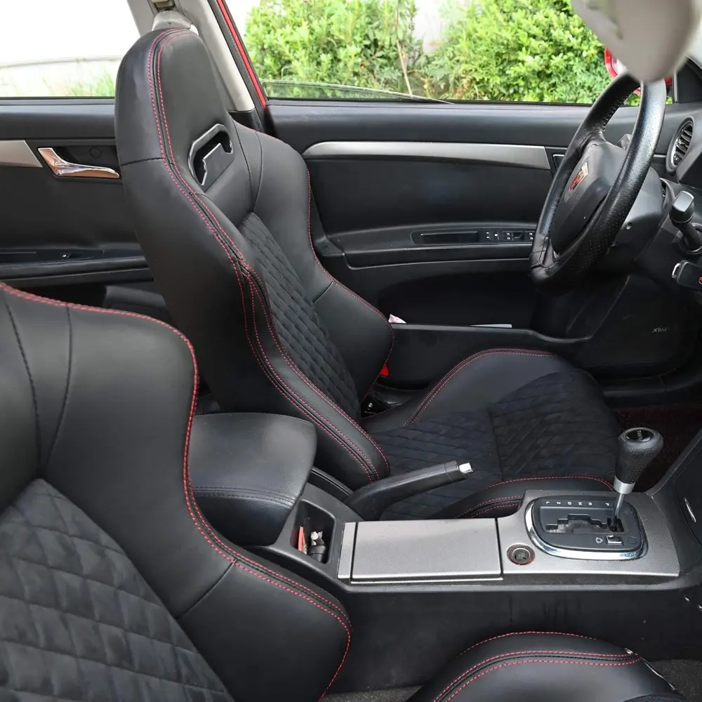 Universal 2 PCS Racing Bucket Seats For Cars Black Suede Center Red Diamond Stitch Sport Reclinable With Double Sliders Automoti