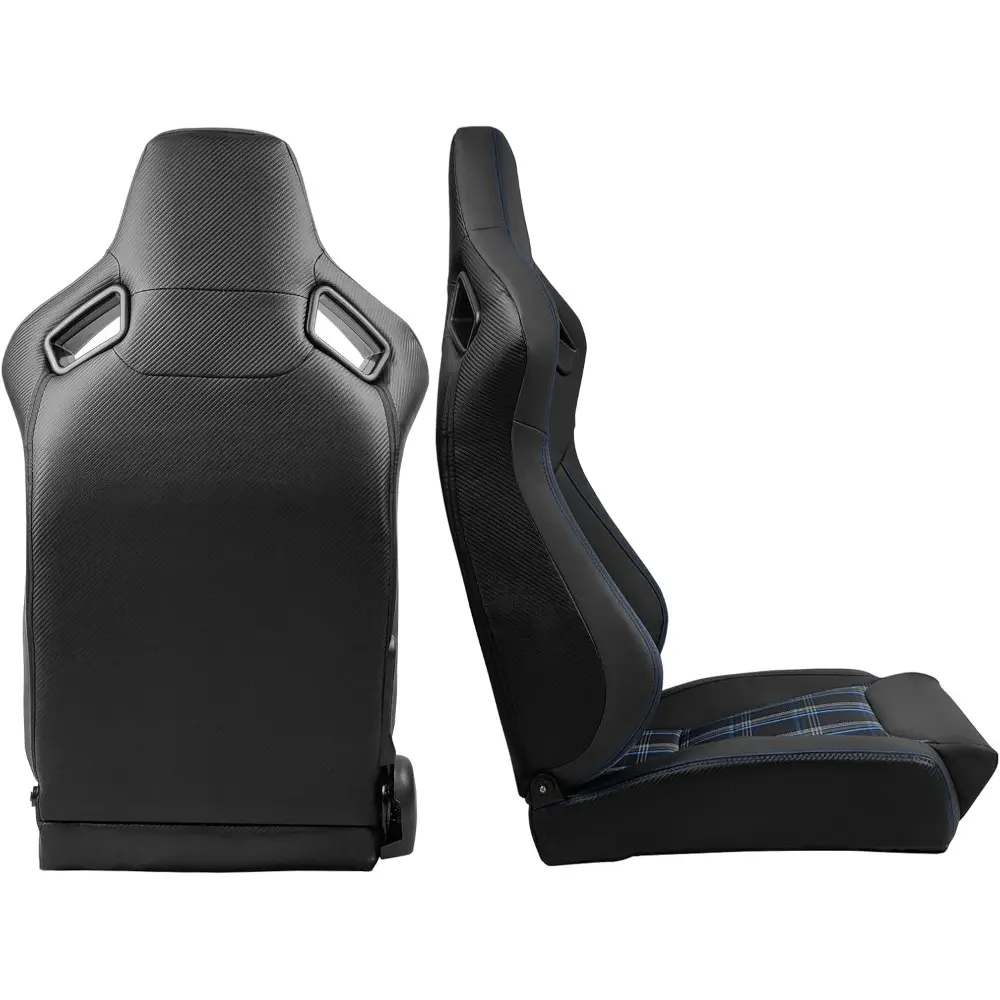 , Upgrade Universal Microfiber PU Leather + Carbon Leather Racing Seats, with Dual Sliders, Reclinable Black with Blue Plaid Spo